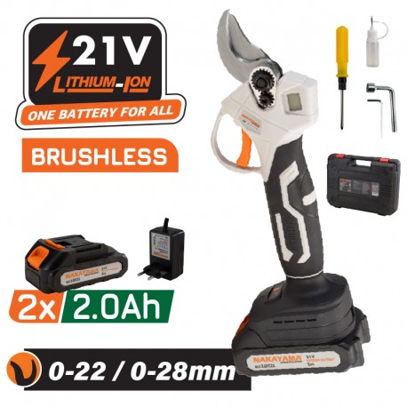 NAKAYAMA EC1250 Ψαλίδι Κλάδου Μπαταρίας 21V,Brushless,0-22/28mm,1kg 2x2Ah Li-Ion,Βαλίτσα